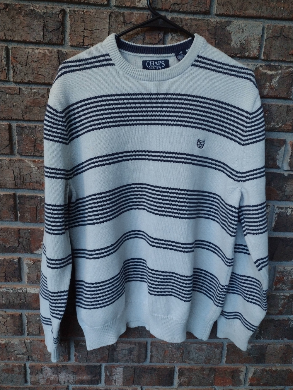 Chaps Striped Crewneck Sweater Pullover Navy Blue Gray Mens Large Classic Preppy